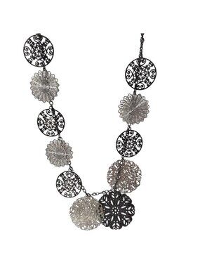 Handcrafted Filigree Metal Medallion Necklace Black Silver Floral Design Jewelry
